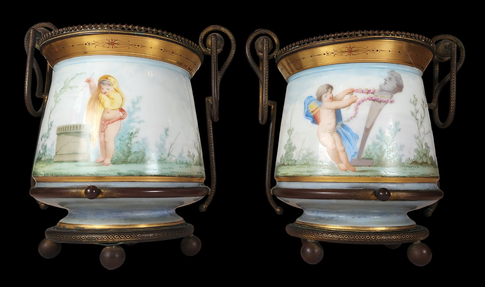 Pair of Antique SEVRES France Ormolu Mounted Hand Painted Porcelain Planters (1 of 17)