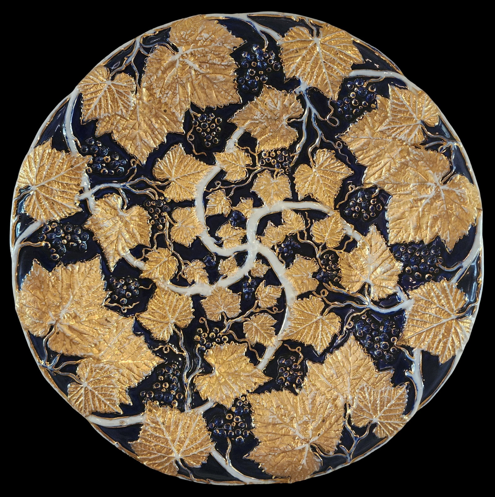 Rare Antique MEISSEN Hand Painted Gold & Cobalt Blue Ceremonial Porcelain Plate/Bowl: Fabulous splendor plate made by Meissen Germany in the early 20th century. Very good antique condition with minor paint wear according to age; no chips, cracks, or repairs. Measures approx. 11 3/4" in