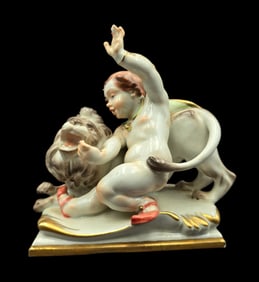 Vintage MEISSEN Porcelain Figurine of a Boy Riding a Lion