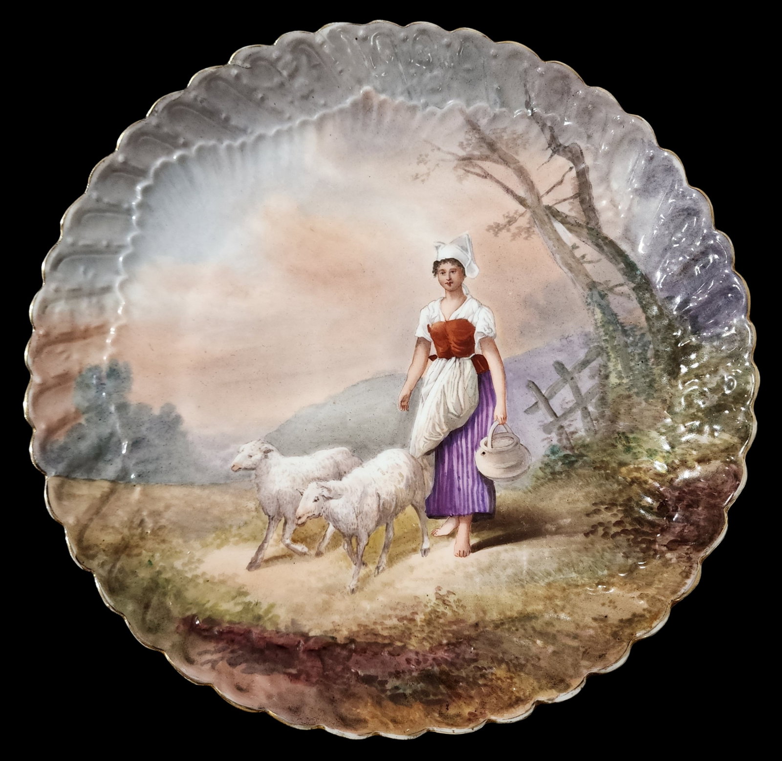Antique Early 1900s Hand Painted French Pastoral Theme Porcelain Plate: One-of-a-kind piece in very good antique condition with minor paint loss and wear according to age; no chips, cracks, or repairs. Measures approx. 13 1/8" in diameter.