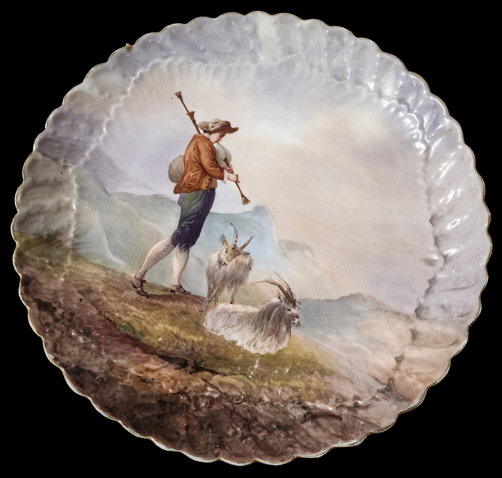 Antique Early 1900s Hand Painted French Pastoral Theme Porcelain Plate: One-of-a-kind piece in very good antique condition with minor paint loss and wear according to age; no chips, cracks, or repairs. Measures approx. 13 1/8" in diameter.