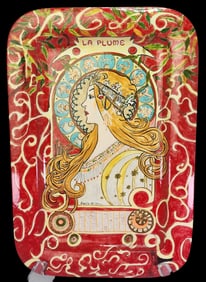 One-of-a-Kind Vintage DORIS GILDEN Handcrafted Ceramic Plate "La Plume" after Alphonse Mucha