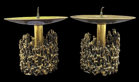 Pair of Mid-Century Modern Brutalist Israeli Judaica Brass Candlesticks