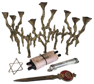 Lot of Miscellaneous Vintage Judaica Items - Brutalist Candle Holder, etc.