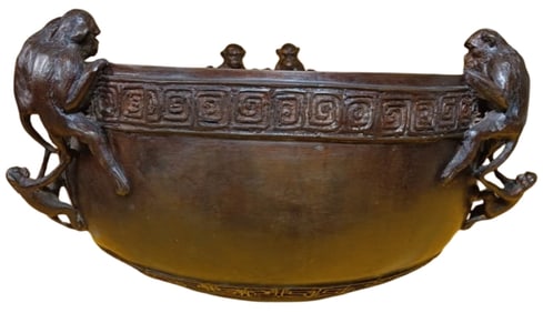 Large Vintage Maitland Smith Style Asian Bronze Monkey Bowl / Planter
