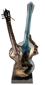 Unusual Vintage YVES LOHEZ (*1947) Bronze & Art Glass Guitar Sculpture