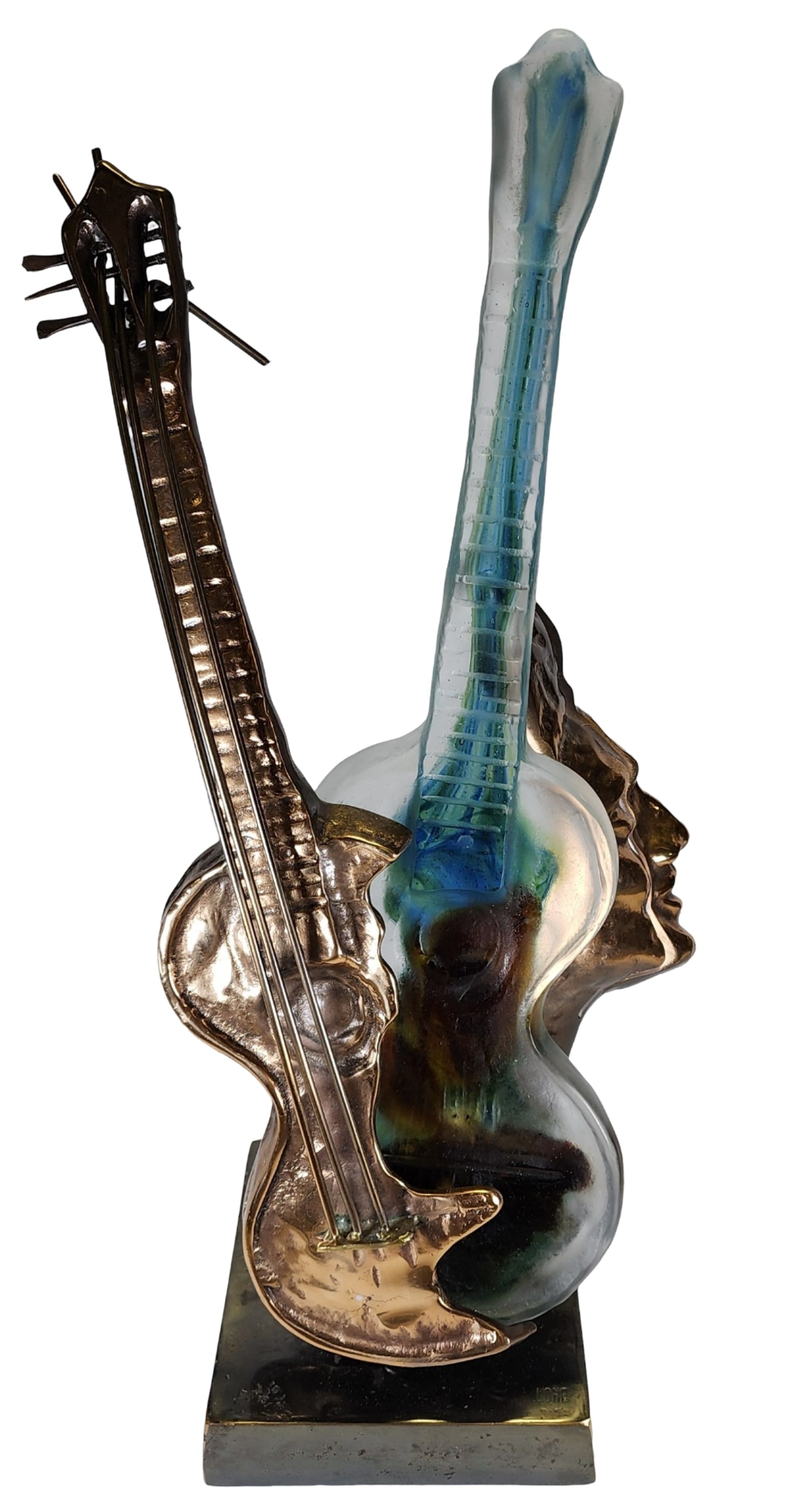 Unusual Vintage YVES LOHEZ (*1947) Bronze & Art Glass Guitar Sculpture (1 of 9)
