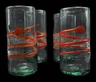 Rare Set of 4 Vintage Mid-Century Modern BLENKO Orange Swirl Glasses