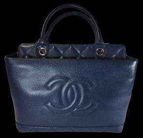 Large CHANEL Soft Caviar Navy Blue Leather Top Handle Tote