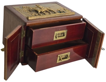 Rare Antique English Desk Top Travel Money Chest /w Hunting Themed Cast Brass Applications