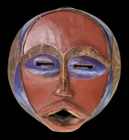 Large Antique African Hand Carved & Red/Blue Painted Wood Mask