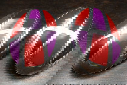 Unusual Vintage 1970s Sterling Silver & Red/Purple Enamel Earrings