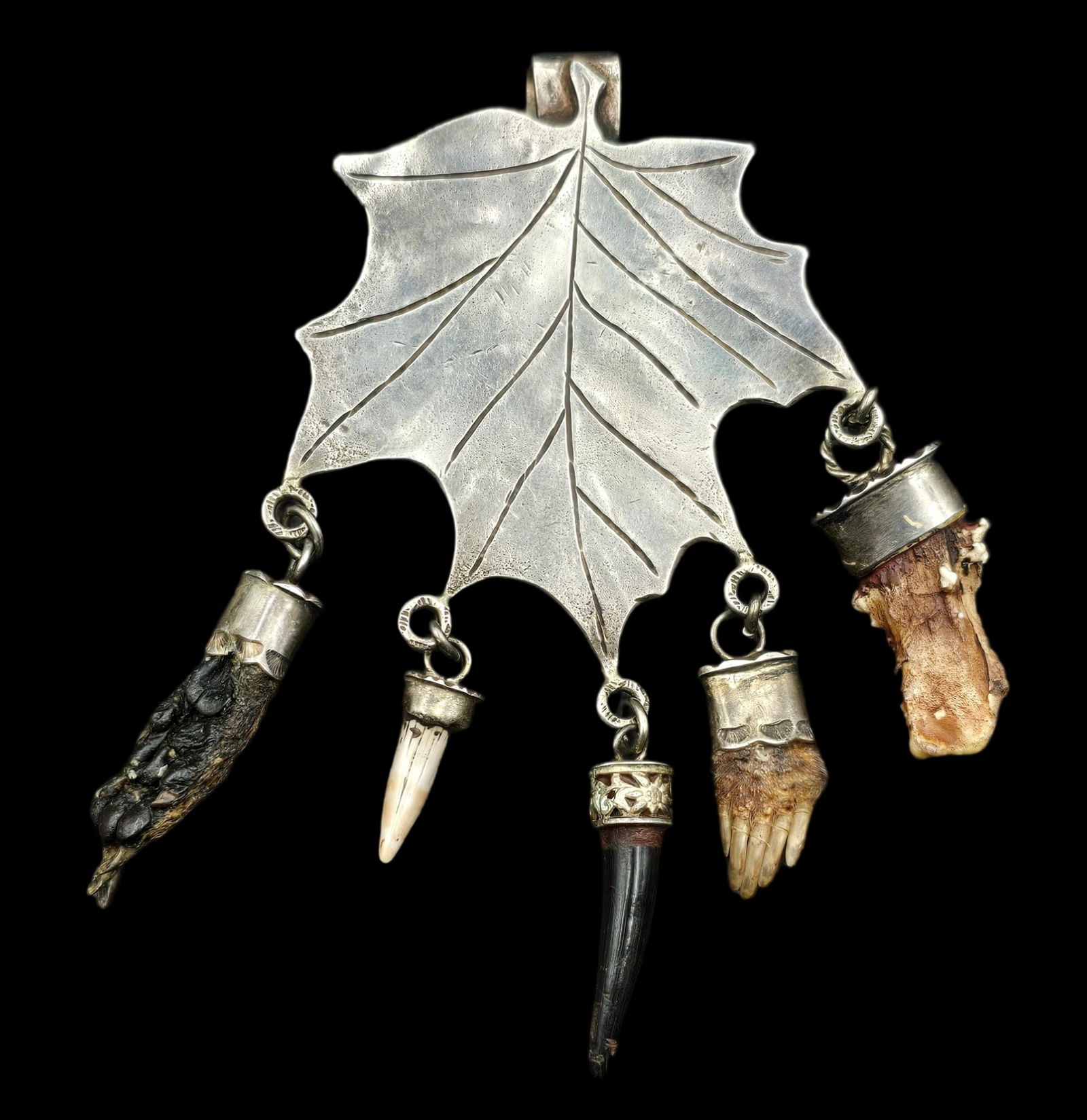 Very Unusual European Alpine 800 Silver Maple Leaf Clip /w Hunting Trophies: Very good vintage condition with some patina according to age. Measures approx. 4 1/2" long and weighs ca. 44.44 grams. Marked on the back.