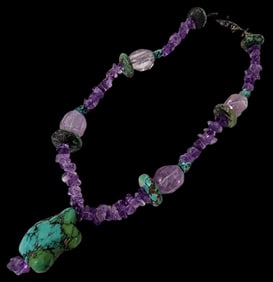 Very Unusual Vintage Sterling Silver, Turquoise & Amethyst Necklace