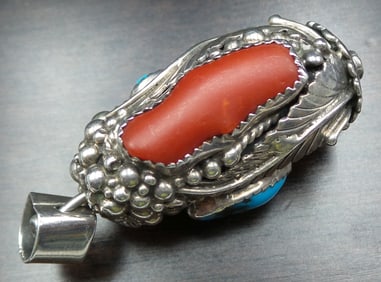 Unusual Heavy Vintage Native American Sterling Silver & Gemstone Pendant