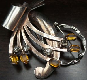 Large ca. 1940s Vintage STERLING BY GLAMOUR Sterling Silver & Rhinestone Brooch