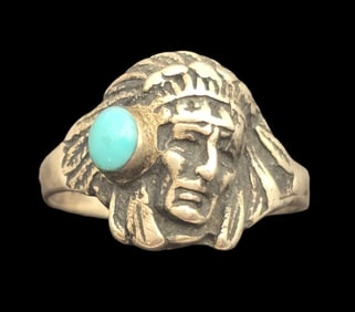 Unusual Vintage Sterling Silver & Turquoise Native American Chief Head Ring