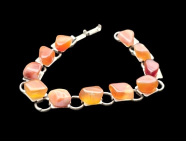 Vintage Sterling Silver & Orange Gemstone Chain Link Bracelet