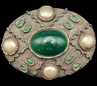 Vintage Handmade Sterling Silver, Pearl & Green Gemstone Plaque