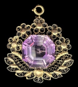 Antique European Gilt Filigree Sterling Silver & Amethyst Pendant Brooch