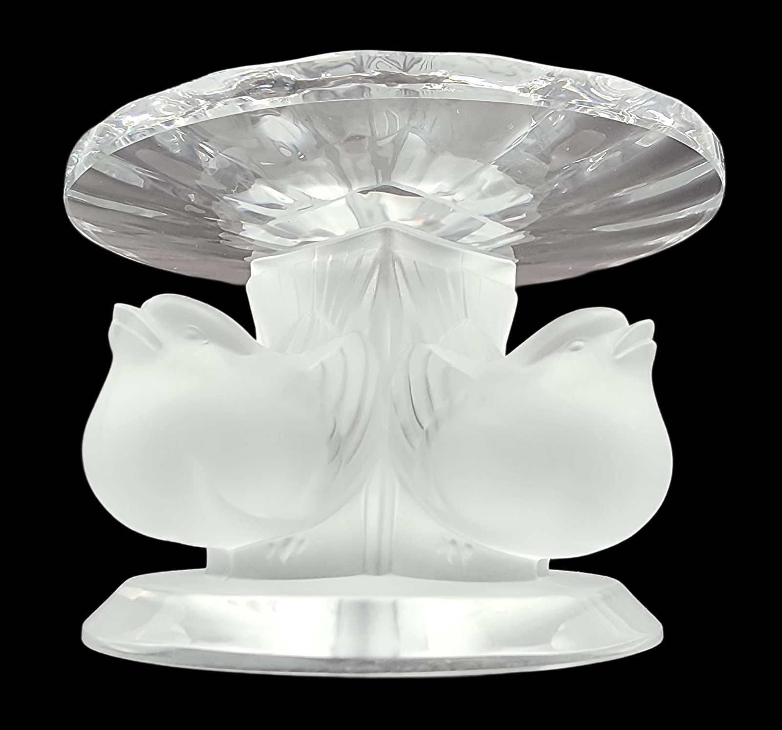 Vintage LALIQUE France Art Glass Bird Pedestal: Very good vintage condition; no chips, cracks, or repairs. Measures approx 2 3/8" high x 3 3/8" in diameter (top rim). Signed.