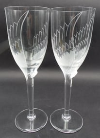 Pair of MARC LALIQUE (French 1900-1977) Frosted & Engraved Crystal Angel Champagne Glasses