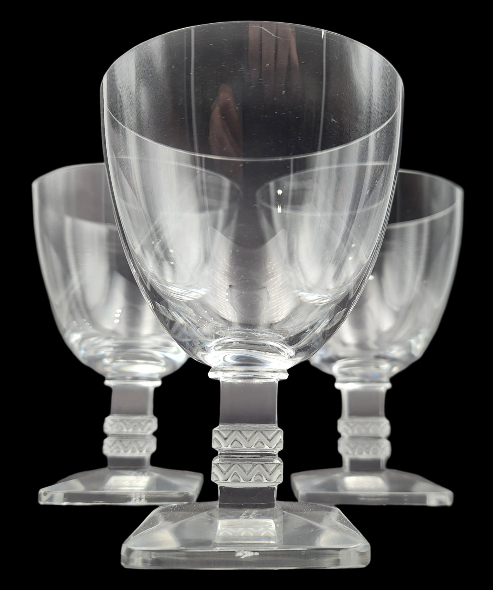 Set of 3 Vintage LALIQUE France Glasses: Very good vintage condition; no chips, cracks, or repairs. Each measures approx 4 1/2" high x 3" in diameter (top rim). Signed.