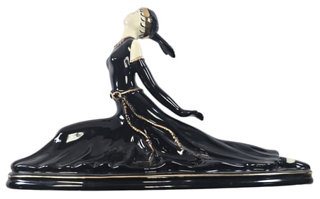 Vintage Art Deco Black Porcelain & 24K Gold Ballet Dancer / Flapper Figurine