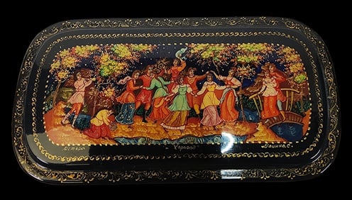 Vintage Hand Painted Russian Lacquer Box /w Dancing Scene - Signed