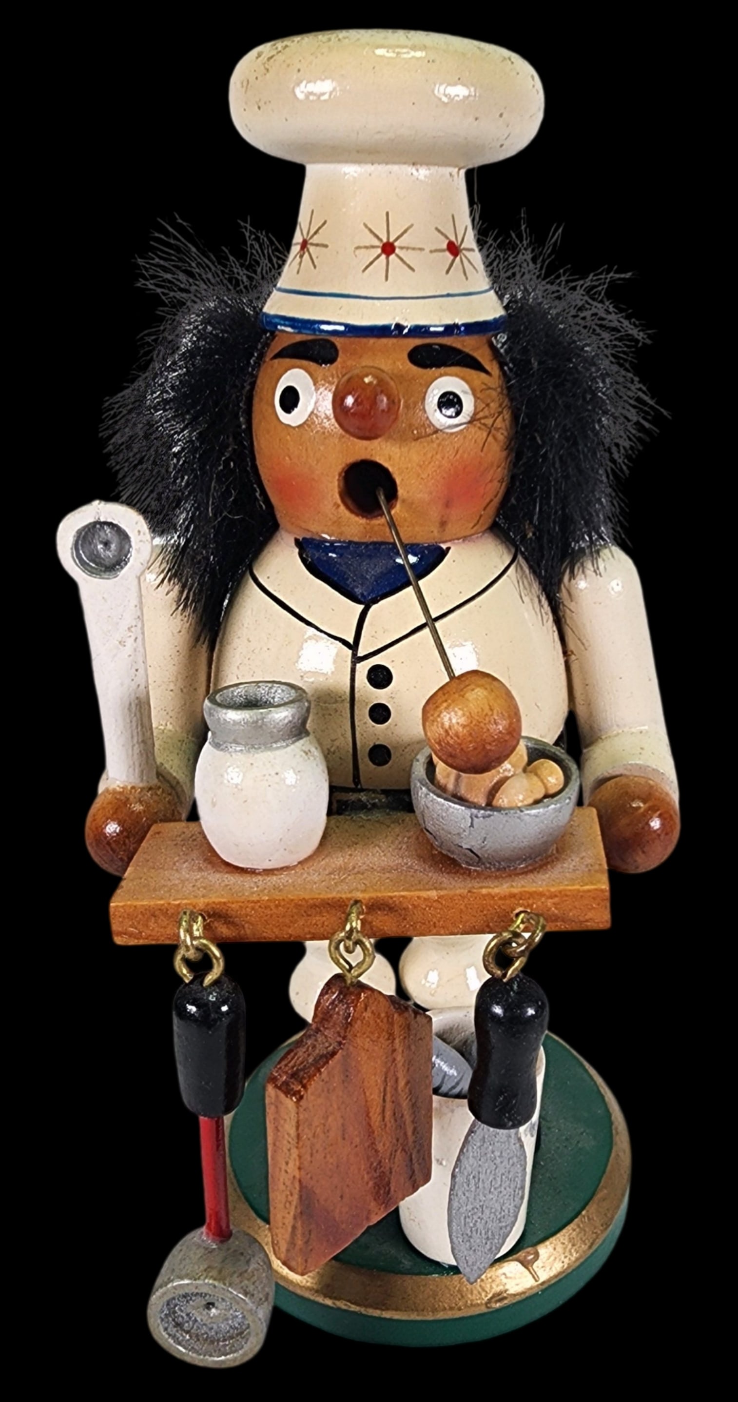 Vintage Hand Carved & Painted Wood German Cook Smoker: Very good vintage condition with minor wear according to age; no missing pieces. Measures approx. 5 3/4" tall.