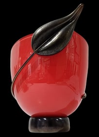 Vintage ED BRANSON Handblown Deep Red "Leaf Opaque" Art Glass Bowl