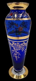 Antique Bohemian Hand Painted Gold on Cobalt Blue Glass Vase