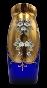 Antique Bohemian Hand Painted Gold on Cobalt Blue Glass Vase / w Flower Décor