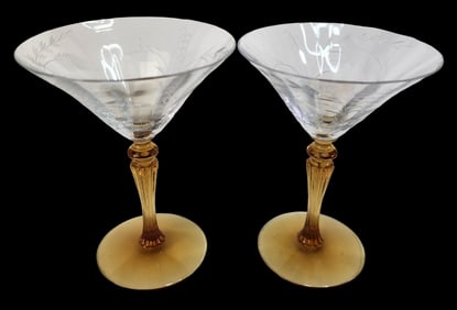 Pair of Rare Vintage TIFFIN-FRANCISCAN Martini Glasses /w Amber Stems