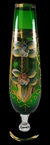 Antique Bohemian Hand Painted Gold on Green Glass Vase - Flute Shape