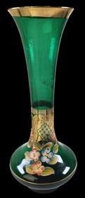 Antique Bohemian Hand Painted Gold on Green Glass Vase - Bud Shape