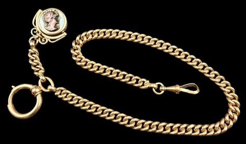 Antique ca. 1880 Viennese Austrian 14K Gold Pocket Watch Chain /w Fob
