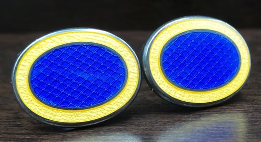 Pair of Vintage Sterling Silver & Yellow/Blue Enamel Cufflinks