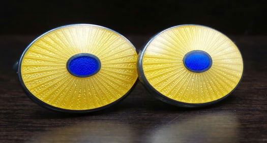Pair of Vintage DEAKIN & Francis Sterling Silver & Yellow/Blue Enamel Cufflinks