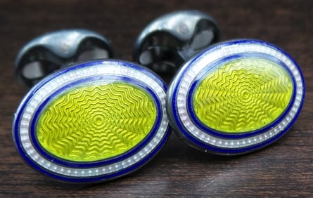 Pair of Vintage DEAKIN & Francis Sterling Silver & Green/Blue Enamel Cufflinks