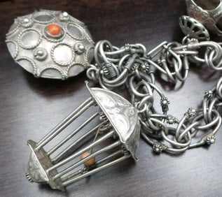 Very Unusual Antique Filigree Sterling Silver & Red Coral Charm Bracelet