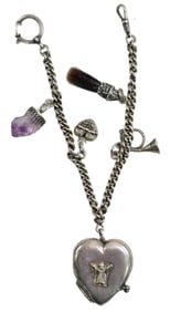 Very Rare Antique German Alpine 800 Silver Pocket Watch Chain /w Fobs & Lockets