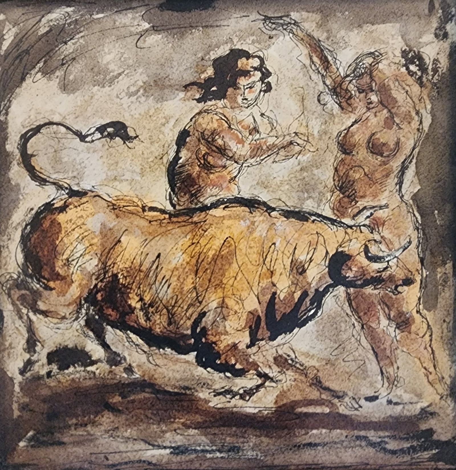 CHARLES BURDICK (1924-2016) "Nude Matadors" Pen & Watercolor Drawing on Paper: Masterfully done colored pen and ink drawing by noted artist Charles Burdick. Burdick has an impressive resume including studying with Reginald Marsh and exhibiting at the Smithsonian. The drawing dep