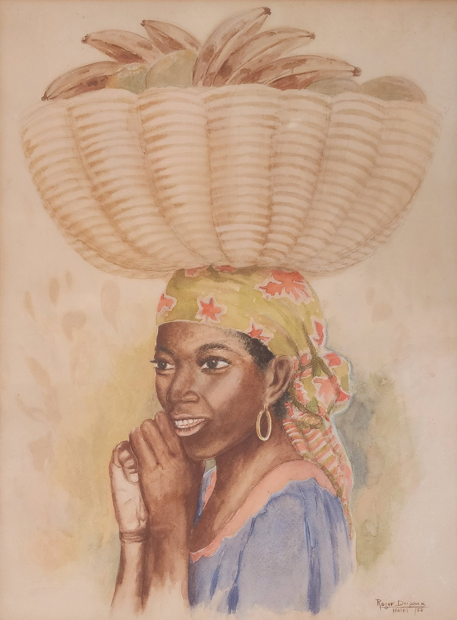 Mid-Century ROGER DUPOUX (Haiti) Watercolor Painting of a Woman with Banana Basket (1 of 4)