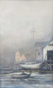 Vintage HENRY PARKER Mid-Century Oil on Canvas Painting "Boats in the Myst"