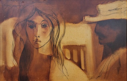 Vintage TONY SCORNAVACCA (1926-1986) Mid-Century Oil on Canvas Painting "Lady with Artist"