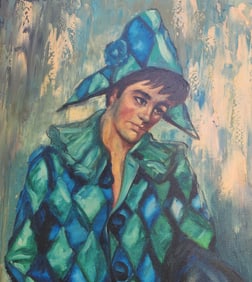 Large Vintage Original Oil on Canvas Painting featuring a Pierrot