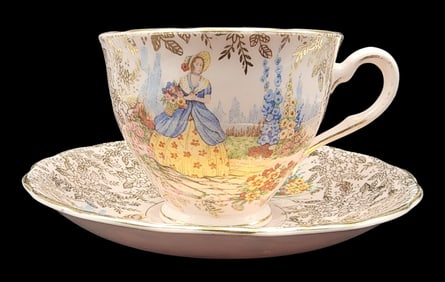 Antique Victorian COLCLOUGH Pink Floral Landscape Tea Cup & Saucer