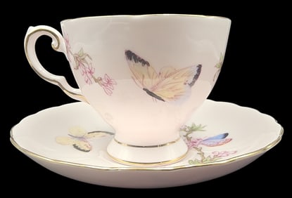 Antique Victorian TUSCAN Pink Floral Butterfly Tea Cup & Saucer
