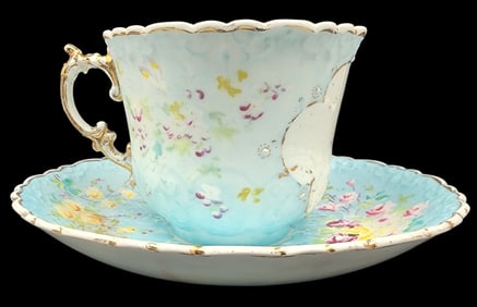 Antique Victorian AYNSLEY Baby Blue Floral Tea Cup & Saucer